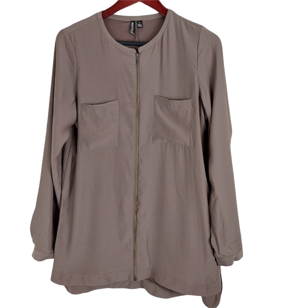 Valette Brown Silky Light Weight Layering Jacket or Tunic Zip Front Pockets EUC.